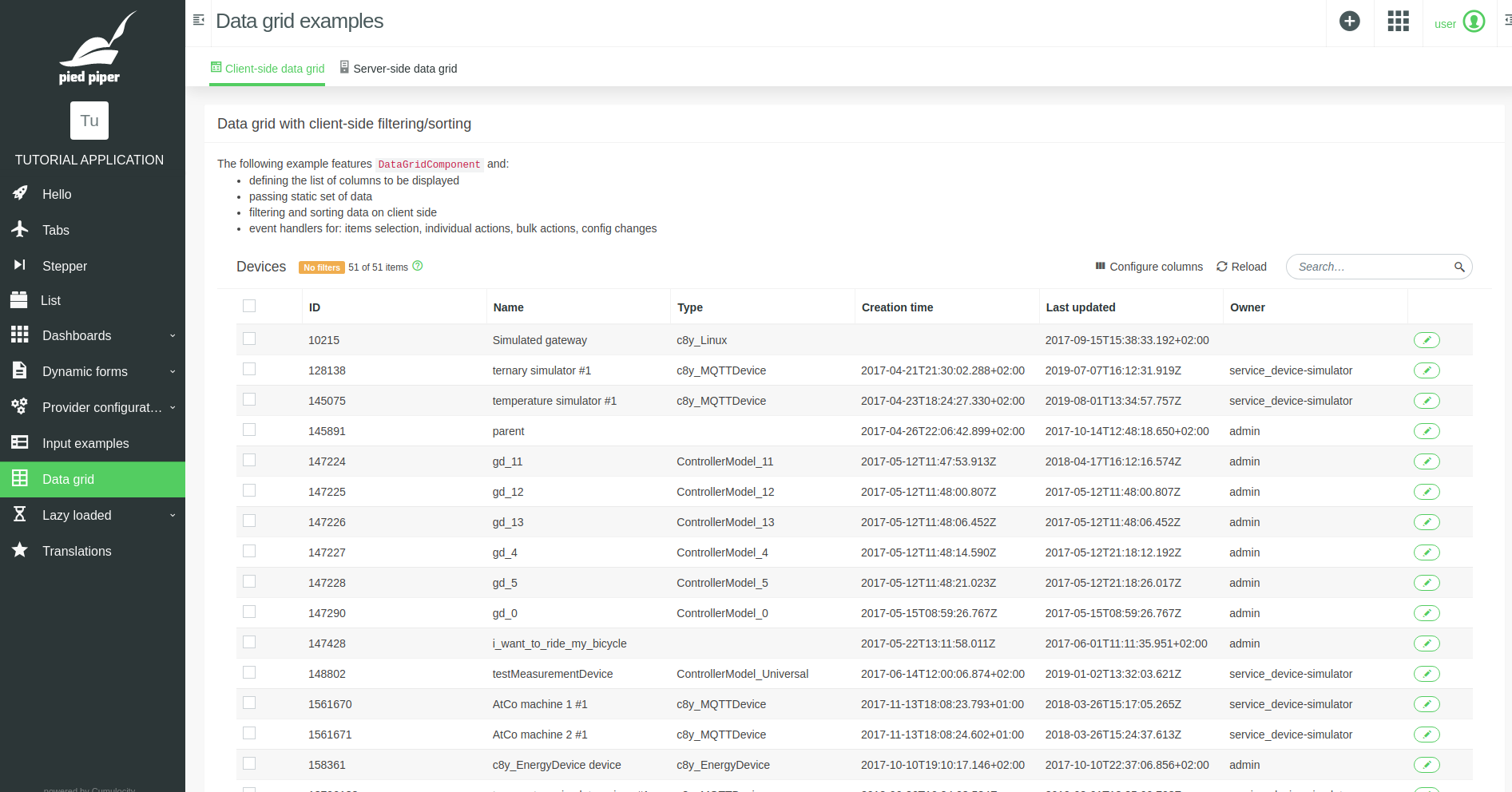 Client-side data grid example